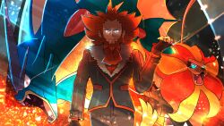  1boy aqua_eyes ascot beard big_hair black_gloves black_jacket black_pants closed_mouth commentary embers english_commentary eye_trail facial_hair fangs fingerless_gloves fur-trimmed_jacket fur_trim glint gloves grey_eyes gyarados jacket jewelry light_trail long_sleeves lysandre_(pokemon) male_focus mega_gyarados mega_pokemon mega_ring mega_stone open_mouth orange_hair pants pokemon pokemon_(creature) pokemon_xy pyroar pyroar_(male) red_ascot red_eyes ring team_flare tntvale v-shaped_eyebrows 