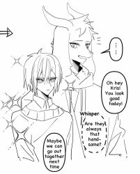  1boy 1other adoptive_siblings animal_ears asriel_dreemurr deltarune english_text furry furry_male goat_boy goat_ears highres hikokisleep247 hood hoodie kris_(deltarune) long_sleeves monochrome short_hair siblings simple_background surprised utdr_(toby_fox) 