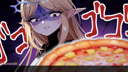 1girl @_@ bare_shoulders blonde_hair blue_eyes breasts canon_event cartethyia_(wuthering_waves) closed_mouth commentary_request disgust earrings english_commentary highres jewelry long_hair looking_at_food mixed-language_commentary multiple_earrings naruno_suke_(narunosk) nervous_smile parted_bangs pineapple_on_pizza pointy_ears portrait small_breasts smile solo sweatdrop tacet_mark_(wuthering_waves) wuthering_waves 
