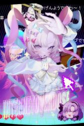  1girl absurdres arm_up black_hairband blonde_hair blue_bow blue_hair blush bow character_name chouzetsusaikawa_tenshi-chan chouzetsusaikawa_tenshi-chan_(cosplay) claw_ring commentary cosplay cursor drill_hair drill_sidelocks eyelashes hair_bow hairband heart highres hyakumantenbara_salome hyakumantenbara_salome_(1st_costume) internet_overdose long_hair long_sleeves looking_at_viewer multicolored_hair multiple_views needy_girl_overdose nijisanji open_mouth pink_bow pink_hair pleated_skirt purple_bow purple_hair sailor_collar school_uniform serafuku sidelocks skirt song_name sparkle untranslatable_commentary violet_eyes virtual_youtuber white_skirt window_(computing) wogyu yukkuri_shiteitte_ne 