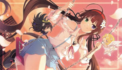  3girls :d absurdres ahoge angel_wings ballerina bare_shoulders black_hair black_ribbon blonde_hair blue_dress blue_eyes blue_shorts boots bracelet brown_hair chibi closed_eyes closed_mouth comiket_106 commentary dress fake_wings falling_petals flower gradient_sky green_eyes hair_flower hair_ornament hair_ribbon hairband halo heterochromia highres jewelry long_hair looking_at_viewer low_twintails magazine_scan medium_hair messy_hair multiple_girls necklace non-web_source official_alternate_costume official_art on_swing open_mouth orange_sky outdoors petals pink_sky red_hairband ribbon ryoubi_(senran_kagura) ryouki_(senran_kagura) ryouna_(senran_kagura) scan senran_kagura senran_kagura_new_link shirt shorts siblings sisters sitting sky smile solo_focus sunset suspender_shorts suspenders swing swing_set swinging_on_swing thigh_boots traditional_halo twins twintails very_long_hair white_dress white_shirt wings 