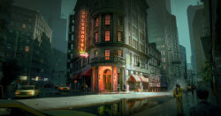  absurdres balcony bicycle box box_truck building car city commentary crimsonsword03 crosswalk english_commentary english_text graffiti grey_sky highres lamppost motor_vehicle neon_sign original outdoors painterly people pillar puddle reflection reflective_liquid road road_sign scenery sidewalk sign sky skyscraper stop_sign street sunlight taxi tower traffic_cone traffic_light tree truck window 