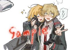  1boy 1girl black_gloves black_suit blonde_hair blush closed_eyes commentary_request couple don_quixote_(project_moon) fang gloves hetero highres holding_hands jingshenhuanghu limbus_company necktie open_mouth project_moon red_necktie shirt short_hair simple_background sinclair_(project_moon) suit v white_background white_shirt 
