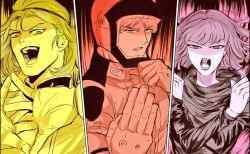  1girl 2boys bob_cut char_aznable gundam haman_karn helmet high_collar jujutsu_kaisen limited_palette medium_hair military_rank_insignia military_uniform mobile_suit motion_lines mudra multiple_boys open_mouth paptimus_scirocco parody quattro_bajeena science_fiction short_hair speed_lines upper_body zeta_gundam 