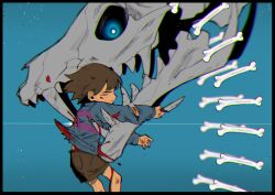  1other absurdres biting black_border blood blue_background blue_eyes blue_sweater bone border brown_hair brown_shorts closed_eyes commentary_request frisk_(undertale) gasterblaster highres holding holding_knife injury knife long_sleeves other_focus outstretched_arms profile short_hair shorts solo striped_clothes striped_sweater sweater ukai_tale undertale utdr_(toby_fox) 