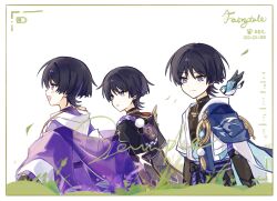  3boys anemo_symbol_(genshin_impact) aqua_sleeves battery_indicator belt bird black_belt black_bodysuit black_bow black_hair black_kimono black_sash black_sleeves blue_cape blunt_ends bodysuit border bow cape checkered_clothes closed_mouth commentary_request eyeliner eyeshadow feathers finch genshin_impact hair_between_eyes highres huhu_norii japanese_clothes kariginu kimono layered_clothes layered_kimono layered_sleeves makeup male_focus mandarin_collar multicolored_hair multiple_boys multiple_persona open_clothes open_kimono open_mouth parted_lips paw_print pom_pom_(clothes) pouch purple_belt purple_hair purple_rope purple_sash purple_veil recording red_eyeliner red_eyeshadow rope sample_watermark sash scaramouche_(genshin_impact) scaramouche_(kabukimono)_(genshin_impact) see-through_clothes see-through_veil shimenawa short_hair short_sleeves smile streaked_hair string timestamp variant_set veil viewfinder violet_eyes vision_(genshin_impact) wanderer_(genshin_impact) watermark white_background white_border white_kimono white_rope white_sleeves white_trim 