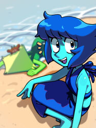  2girls alien beach blonde_hair blue_hair blue_skin colored_skin crab discount-supervillain gem gem_(steven_universe) green_skin homeworld_gem_uniform lapis_lazuli_(steven_universe) multiple_girls open_mouth peridot_(steven_universe) short_hair smile squatting steven_universe triangle-shaped_hair water 