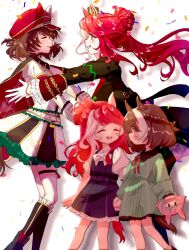  2girls ^_^ aged_down animal_ears black_boots black_dress black_jacket boots bow bowtie braid brown_hair closed_eyes confetti dress ears_through_headwear facial_mark facing_another from_side gloves green_dress hair_bun hand_puppet hat heart_on_cheek highres horse_ears horse_girl jacket knee_boots long_hair looking_at_another loves_only_you_(9927_wishes)_(umamusume) loves_only_you_(umamusume) marche_lorraine_(umamusume) mini_hat mini_top_hat mismatched_ear_covers morimoritani_36 multicolored_hair multiple_girls multiple_views neck_ribbon pinafore_dress puppet red_hair red_ribbon ribbon shirt short_hair single_hair_bun sleeveless sleeveless_dress streaked_hair top_hat two-tone_hair two-tone_skirt umamusume white_bow white_bowtie white_gloves white_hair white_shirt white_streaks yellow_eyes 