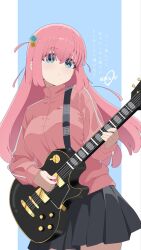  1girl awaco_ruku blue_background blue_eyes bocchi_the_rock! border breasts closed_mouth cowboy_shot cube_hair_ornament dot_nose electric_guitar expressionless gibson_les_paul gotoh_hitori grey_skirt guitar guitar_strap hair_between_eyes hair_ornament highres holding holding_guitar holding_instrument holding_plectrum instrument jacket large_breasts long_hair long_sleeves looking_at_viewer miniskirt music one_side_up outside_border pink_hair pink_jacket playing_guitar playing_instrument pleated_skirt plectrum skirt solo track_jacket white_border 