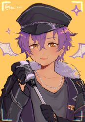 1boy :3 bishounen black_gloves black_hat black_jacket blush commentary_request crossed_bangs dark-skinned_male dark_skin demon_wings detached_wings earrings ensemble_stars! fur_collar gloves grey_jacket hair_between_eyes hat highres holding holding_microphone holding_microphone_stand jacket jewelry male_focus microphone microphone_stand necklace noiikun open_mouth otogari_adonis peaked_cap purple_hair short_hair single_earring solo sparkle stud_earrings upper_body viewfinder wings yellow_background yellow_eyes 