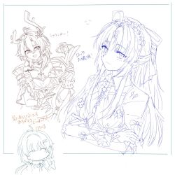  3girls ahoge bow carlotta_(wuthering_waves) ciaccona_(wuthering_waves) closed_eyes closed_mouth commentary_request crossed_arms facing_viewer female_rover_(wuthering_waves) frilled_wrist_cuffs frills greyscale hachikuma_z hair_between_eyes hair_bow holding holding_microphone_stand horns jacket looking_at_viewer microphone_stand monochrome multiple_girls open_mouth parted_bangs pointy_ears rover_(wuthering_waves) smile tacet_mark_(wuthering_waves) translation_request tree_horns v wrist_cuffs wuthering_waves 