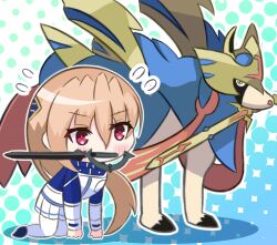 1girl 1other absurdres all_fours blonde_hair chibi crossover heaven_burns_red highres long_hair pokemon pokemon_swsh red_eyes shake_(pixiv_75845198) shirakawa_yuina sword sword_in_mouth weapon wolf zacian 