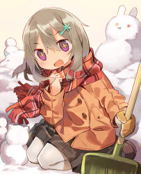  1girl absurdres black_skirt brown_hair brown_jacket character_request cloneko_(zelmeledf2) copyright_request cross-shaped_pupils hair_between_eyes hair_ornament hairclip highres holding holding_shovel jacket kneeling looking_at_viewer mittens no_nose open_mouth plaid_clothes plaid_scarf red_scarf scarf shovel single_mitten skirt snow snowman solo symbol-shaped_pupils violet_eyes winter winter_clothes 