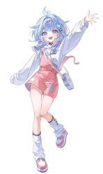  1girl absurdres ahoge alternate_costume black_choker blue_eyes blue_hair blue_skirt blush braid choker full_body hand_up highres hololive hololive_dev_is hood hood_down hoodie lightning_ahoge long_sleeves looking_at_viewer loose_socks mizumiya_su multicolored_hair multicolored_shoes o-ring o-ring_choker ongya open_mouth overalls pink_hair pink_overalls pink_shoes puffy_sleeves shoes simple_background skirt sleeves_past_wrists smile socks solo teeth translation_request twin_braids upper_teeth_only virtual_youtuber white_background white_hoodie white_shoes 