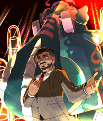  1boy beard black_hair bright_pupils closed_mouth coalossal collared_shirt commentary dark-skinned_male dark_skin dynamax earrings english_commentary facial_hair fingernails gigantamax gigantamax_coalossal grey_eyes grey_jacket grey_suit grey_vest highres jacket jewelry long_sleeves mustache necktie nostrils open_clothes open_jacket pokemon pokemon_(creature) pokemon_swsh red_eyes red_necktie rose_(pokemon) shirt short_hair suit suit_jacket tntvale undercut vest white_pupils white_shirt 