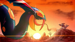  bare_tree commentary english_commentary fangs forked_tongue highres introvertnacho no_humans open_mouth outdoors pokemon pokemon_(creature) red_eyes seviper snake solo_focus sunset tongue tree zangoose 