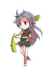  1girl back_ribbon barefoot black_shirt chibi chibi_only commentary_request dairi full_body grey_eyes grey_hair hand_up himemushi_momoyo holding holding_pickaxe holding_shovel large_variant_set long_hair midriff orange_ribbon parted_lips pickaxe ribbon shirt short_sleeves shovel simple_background skirt skirt_set solo standing standing_on_one_leg sweatdrop tachi-e touhou transparent_background variant_set 