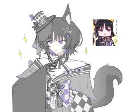  1girl animal_ear_fluff animal_ears bare_shoulders black_choker black_gloves black_hair black_hat black_kimono bug butterfly butterfly_hair_ornament chinese_commentary choker commentary_request emptiedfishtank fox_ears fox_girl fox_tail frilled_choker frills gloves hair_ornament hand_up hat highres housho_margo japanese_clothes kemonomimi_mode kimono lolita_fashion long_sleeves mahou_shoujo_no_majo_saiban official_art_inset open_mouth parted_bangs purple_butterfly reference_inset short_hair smile solo sparkle tail top_hat translation_request violet_eyes wa_lolita 