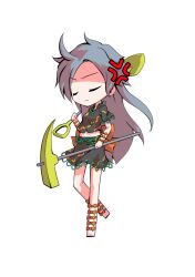  1girl anger_vein back_ribbon barefoot black_shirt chibi chibi_only closed_eyes closed_mouth commentary_request dairi full_body grey_hair hand_up himemushi_momoyo holding holding_pickaxe holding_shovel large_variant_set long_hair midriff orange_ribbon pickaxe ribbon shirt short_sleeves shovel simple_background skirt skirt_set solo standing standing_on_one_leg tachi-e touhou transparent_background variant_set 