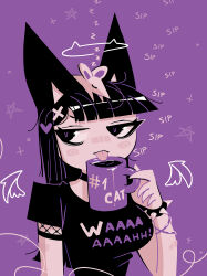  andaerz animal_ears animal_on_head bandaid bandaid_on_arm bandaid_on_face bandaid_on_nose black_choker black_hair black_skirt blush blush_stickers bracelet breasts cat_ears cat_girl cat_girl_(andaerz) choker coffee coffee_mug cross cross_hair_ornament cup detached_wings drinking english_text fishnet_sleeves fishnets hair_ornament halo heart heart_hair_ornament highres jewelry large_ears long_hair mouse_(animal) mug on_head original purple_background shirt skirt sleeping star_(symbol) t-shirt tongue tongue_out violet_eyes wings zzz 