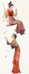  2girls absurdres black_hair black_shoes black_sleeves brown_sash brown_shirt bug butterfly chinese_clothes chinese_commentary closed_eyes closed_mouth commentary_request earrings elyonlz facial_mark floating_earrings floral_print forehead_mark full_body gold_jewelry hands_up headwear_request highres huadian jewelry layered_sleeves long_skirt long_sleeves multiple_girls on_swing original painting_(medium) print_shirt print_skirt print_vest red_skirt red_vest sample_watermark sash shirt shoes short_over_long_sleeves short_sleeves shuangyaji simple_background single_sleeve_past_fingers sitting skirt smile standing striped_clothes striped_skirt swing tanling_ruqun topknot traditional_media vest watercolor_(medium) watermark white_background yellow_shirt 