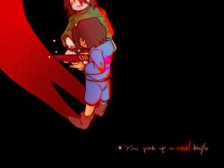  2019 2d 2others ambiguous_gender ankle_boots black_background black_pants blue_shirt blue_shorts boots brown_boots brown_hair brown_shorts chara_(undertale) child colored_shadow commentary digital_media double_horizontal_stripe duo english_commentary english_text frisk_(undertale) full_body genocide_route_(undertale) green_shirt holding holding_knife holding_weapon horizontal-striped_clothes human knife kophnar352_(discoice) long_sleeves multiple_others other_focus pants pink_stripes shadow shirt short_hair shorts simple_background single_horizontal_stripe standing striped_clothes striped_shirt text two-tone_shirt undertale utdr_(toby_fox) variant_set weapon yellow_stripes 