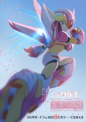  1boy alternate_color armor blue_background falcon_armor_x_(mega_man) forehead_jewel from_behind helmet male_focus mechanical_arms mega_man_(series) mega_man_x_(series) midair petals pink_armor pink_helmet pink_petals solo to_i_to_io x_(mega_man) 