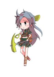  1girl back_ribbon barefoot black_shirt blush chibi chibi_only commentary_request dairi flying_sweatdrops full_body grey_eyes grey_hair hand_up himemushi_momoyo holding holding_pickaxe holding_shovel large_variant_set long_hair midriff orange_ribbon pickaxe ribbon shirt short_sleeves shovel simple_background skirt skirt_set solo standing standing_on_one_leg tachi-e touhou transparent_background variant_set 