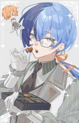  2boys aoyagi_touya black_necktie blue_hair box box_of_chocolates candy chibi chibi_only chocolate closed_eyes closed_mouth collared_shirt commentary crossed_arms earrings food frilled_sleeves frills green_shirt grey_background grey_eyes grey_pants grey_vest hair_between_eyes hair_ribbon heart heart-shaped_chocolate heart-shaped_food heart_earrings highres holding holding_box holding_candy holding_food jewelry lapels long_hair low_ponytail male_focus monocle multicolored_hair multiple_boys necktie notched_lapels open_clothes open_mouth open_vest orange_hair orange_ribbon pants ponytail project_sekai ribbon semi-rimless_eyewear shinonome_akito shirt short_hair slc_yh smile sparkle split-color_hair striped_clothes striped_shirt stud_earrings tsurime two-tone_hair u_u under-rim_eyewear untranslatable_commentary vertical-striped_clothes vertical-striped_shirt vest white_pants white_shirt white_vest yellow-framed_eyewear 