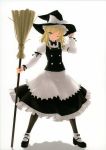  absurdres black_legwear blonde_hair braid broom enhance_heart hand_on_hat hat highres kirisame_marisa long_hair mary_janes pantyhose rokuwata_tomoe scan shoes smile solo standing touhou wink witch witch_hat yellow_eyes 