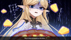  1girl bare_shoulders blonde_hair blue_eyes blurry blurry_foreground canon_event cartethyia_(wuthering_waves) commentary_request disgust earrings english_commentary hand_up highres jewelry long_hair looking_at_food mixed-language_commentary multiple_earrings naruno_suke_(narunosk) necklace parted_bangs pineapple_on_pizza pointy_ears shaded_face solo tacet_mark_(wuthering_waves) wuthering_waves 
