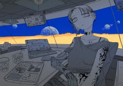  1girl absurdres blue_sky bra_strap chair commentary_request computer cowboy_shot cropped_shirt day denim desert drink_carton earrings elbow_on_table elbow_rest expressionless food glass_wall highres indoors jeans jewelry laptop limited_palette looking_at_viewer mechanical_arms midriff neck_tattoo off_shoulder on_chair original pants planet ryaw short_hair single_mechanical_arm sitting sky solo space stomach_tattoo table tattoo tattoo_sleeve television tray 