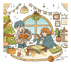  1boy 1girl aoicancerius bell blanket book border bow bowtie brown_mittens calendar_(object) candle chicken_(food) christmas christmas_present christmas_tree christmas_wreath closed_eyes closed_mouth commentary cup day dot_nose food gift glasses grey_hair grey_shorts grey_sweater hanging_light highres holding holding_cup holding_plate indoors knees_up letter long_sleeves mittens on_floor open_mouth orange_hair original picture_frame pillow plant plate potted_plant red_bow red_bowtie round_eyewear shirt short_hair shorts sitting slice_of_life slippers smile snowing string_of_flags sweater table toy_block untranslatable_commentary walking white_border white_shirt wreath yarn yarn_ball 