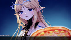  1girl bare_shoulders blonde_hair blue_eyes breasts canon_event cartethyia_(wuthering_waves) commentary_request earrings english_commentary highres jewelry long_hair looking_at_food mixed-language_commentary multiple_earrings naruno_suke_(narunosk) parted_bangs parted_lips pineapple_on_pizza pointy_ears portrait small_breasts solo sweatdrop tacet_mark_(wuthering_waves) wuthering_waves 