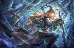  1girl animal_ears arknights blonde_hair boots broken_picture_frame brown_horns cloak commentary degenbrecher_(arknights) english_commentary floating_hair gloves goat_ears goat_girl goat_horns hair_flowing_over helen_zzhao highres holding holding_sword holding_weapon horns jacket long_hair military_jacket pants plant_roots shaded_face sword weapon 