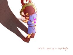  2019 2d 2others ambiguous_gender ankle_boots black_pants blue_shirt blue_shorts boots brown_boots brown_hair brown_shorts chara_(undertale) child commentary digital_media double_horizontal_stripe duo english_commentary english_text frisk_(undertale) full_body green_shirt holding holding_knife holding_weapon horizontal-striped_clothes human knife kophnar352_(discoice) long_sleeves multiple_others other_focus pants pink_stripes shadow shirt short_hair shorts simple_background single_horizontal_stripe standing striped_clothes striped_shirt text two-tone_shirt undertale utdr_(toby_fox) variant_set weapon white_background yellow_stripes 