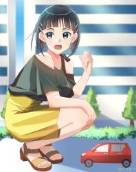  1girl alternate_size artist_name bare_shoulders black_hair black_shirt breasts brown_sandals car city commentary_request day giant giantess grey_eyes hair_ornament hairclip hand_on_own_knee hand_up highres kirigaya_suguha looking_to_the_side medium_breasts medium_skirt motor_vehicle off-shoulder_shirt off_shoulder open_mouth outdoors sandals shirt short_sleeves skirt solo squatting sword_art_online tu_tora2 twitter_username yellow_skirt 