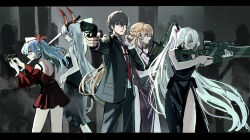  1boy 4girls absurdres aiming alternate_costume animal_ears anti-materiel_rifle assault_rifle black_dress black_hair black_pants black_suit blonde_hair blue_eyes blue_hair bolt_action braid braided_twintails breasts bullpup colphne_(girls'_frontline_2) commander_(girls'_frontline) dark-skinned_female dark_skin dress earpiece earrings fake_animal_ears feet_out_of_frame finger_on_trigger girls'_frontline_2:_exilium girls_frontline groza_(girls'_frontline_2) gun handgun hat high_ponytail highres holding holding_gun holding_sword holding_weapon jewelry krolik_(girls'_frontline_2) long_hair long_sleeves mechanical_ears medium_breasts medium_hair multiple_girls necktie nemesis_(girls'_frontline_2) off_shoulder official_alternate_costume ots-14_(girls'_frontline) ots-14_(ruler_of_the_banquet)_(girls'_frontline) ots-14_groza pale_skin pants ponytail purple_dress rabbit_ears red_dress red_necktie red_ribbon ribbon rifle scope shino_duka shirt short_dress short_hair side_slit sig_san_511 single_earring sniper_rifle suit suppressor sword taurus_curve thighs twintails weapon white_hair white_hat white_shirt wide_sleeves yellow_eyes 