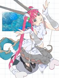  1girl absurdres bandaid barcode black_slippers blue_nails chinese_clothes clothing_cutout dragon_girl dragon_horns dragon_tail earclip eastern_dragon_tail electric_plug fingernails flower frog frog_hair_ornament from_above grey_eyes grid_background hair_bun hair_ornament happy heart_hair_bun highres himuro_yukichiko horns hydrangea leotard long_arms long_fingernails long_hair looking_at_viewer monster_girl multicolored_hair original pink_hair ribs science_fiction shrugging side_cutout side_slit sleeveless slippers solo squatting tail tail_ornament underboob_cutout white_hair white_wrist_cuffs wrist_cuffs 