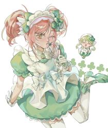  2girls ;o amulet_clover ankle_bow ankle_ribbon apron bow bubble_skirt chibi club_hair_ornament dress eyelashes floating frilled_apron frilled_gloves frilled_sleeves frills gloves green_bow green_dress green_hair green_ribbon green_shoes guardian_chara hair_bow hands_on_own_cheeks hands_on_own_face happy headscarf highres hinamori_amu holding holding_whisk humpty_lock_(shugo_chara!) lace-trimmed_dress lace_trim leg_ribbon lipstick magical_girl maid maid_headdress makeup mary_janes multiple_girls nostrils object_to_mouth one_eye_closed open_mouth pink_hair pink_lips puffy_short_sleeves puffy_sleeves realemonade ribbon shoes short_dress short_hair_with_long_locks short_sleeves short_twintails shugo_chara! sidelocks simple_background sitting skirt suu_(shugo_chara!) thigh-highs twintails waist_bow wariza whisk white_apron white_background white_bow white_gloves white_headscarf white_thighhighs yellow_eyes zettai_ryouiki 