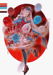  1girl american_flag american_flag_pantyhose american_flag_print balloon baseball_bat bow clown cuso4_suiwabutu dress_ruff facial_mark finger_to_mouth flag_print full_body gloves grey_hair hair_bow hat highres jester jester_cap neck_ruff original pantyhose puffy_sleeves red_bow red_eyes roller_skates skates solo standing standing_on_one_leg teardrop_facial_mark twintails white_gloves 