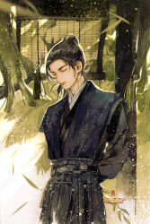  1boy belt black_belt black_hair black_hanfu chinese_clothes chinese_commentary closed_eyes closed_mouth commentary_request cowboy_shot curtained_hair eyelashes gu_nanyi hanfu long_sleeves male_focus parted_bangs ponytail richu_de_xiao_taiyang short_hair solo tassel tiansheng_chang_ge u_u 