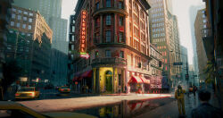  absurdres balcony bicycle box box_truck building car city clouds cloudy_sky commentary crimsonsword03 day english_commentary graffiti grey_sky highres lamppost motor_vehicle neon_sign original outdoors painterly people pillar puddle reflection reflective_liquid road road_sign scenery sidewalk sign sky skyscraper stop_sign street sunlight taxi tower traffic_cone traffic_light trash_can tree truck water wet_floor window 