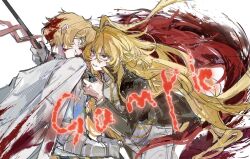  1boy 1girl blonde_hair blood blood_on_face commentary_request couple don_quixote_(project_moon) hetero highres jingshenhuanghu limbus_company long_hair n_corp._fanatic_(identity)_(project_moon) project_moon red_eyes sancho_(project_moon) short_hair simple_background sinclair_(project_moon) smirk white_background yellow_eyes 