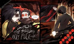  bandage_over_one_eye black_hair black_robe black_suit contempt_awe_(e.g.o) e.g.o_(project_moon) english_text fell_bullet_(e.g.o) gameplay_mechanics glasses gloves gubo_(project_moon) highres hong_lu_(project_moon) hongyuan_(identity)_(project_moon) index_(identity)_(project_moon) jia_huan_(project_moon) limbus_company long_hair mcnauru necktie ponytail profanity project_moon red_necktie red_sash robe sash scared short_hair speech_bubble suit white_gloves yi_sang_(project_moon) 