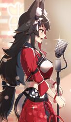  1girl animal_ears collared_shirt cropped_shirt double-parted_bangs flipped_hair from_side hair_ornament hairclip hololive hololive_idol_uniform_(color_rise) long_hair long_sleeves low-tied_long_hair microphone_stand multicolored_hair multicolored_shirt official_alternate_costume ookami_mio open_mouth red_skirt red_streaks shirt sidelocks skirt solo streaked_hair tail very_long_hair virtual_youtuber white_hair wolf_ears wolf_girl wolf_tail yellow_eyes yuuzuki_(re'ef) 