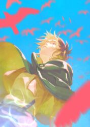  1boy bird blue_sky brown_hair brown_jacket cloak cropped_jacket eren_yeager green_cloak grey_shirt guaner_cancan head_back highres hood hood_down hooded_cloak jacket looking_up male_focus paradis_military_uniform parted_lips shingeki_no_kyojin shirt short_hair sky solo upper_body 