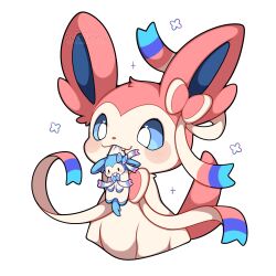  absurdres alternate_color animal_focus blue_eyes blue_sclera blush bow character_doll closed_mouth colored_sclera doll fang heart heart_in_eye highres looking_at_viewer mouth_hold no_humans pink_fur pokemon pokemon_(creature) pokemon_focus ribbon sevi_(seviyummy) shiny_pokemon simple_background solo stuffed_toy sylveon symbol_in_eye tail two-tone_fur white_fur 
