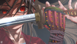 1girl absurdres armor blurry blurry_background brown_hair collarbone commentary_request floating_hair highres holding holding_sword holding_weapon isekai_samurai japanese_armor japanese_clothes katana kimono kote long_hair looking_at_viewer pakupaku_keema ponytail portrait qr_code red_eyes red_kimono ringed_eyes scar scar_on_face scar_on_nose solo sword sword_in_front_of_face tsuba_(guard) tsuka-ito tsukitsuba_ginko two-handed uneven_eyes weapon 