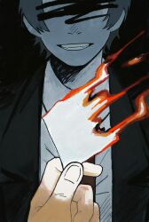  1boy adachi_tooru black_background burning burning_paper censored censored_identity collared_shirt facing_viewer fangs fire_light highres holding holding_paper j0566 male_focus necktie paper persona persona_4 persona_4_the_golden pov shirt short_hair upper_body 